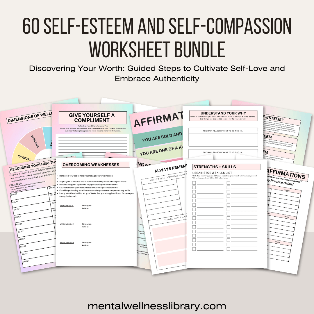 60 Self-Esteem and Self-Compassion worksheet bundle