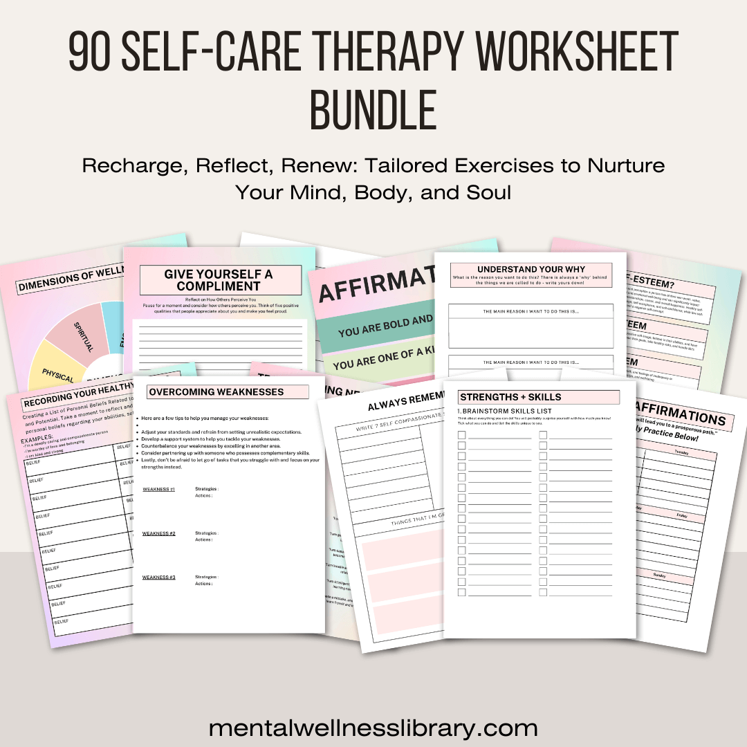 90 Self-Care Therapy Worksheet bundle