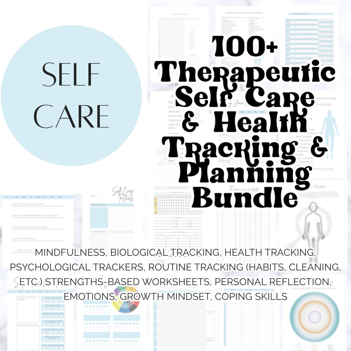 100+ Therapeutic Self-Care and Health Tracking and Planning Bundle.